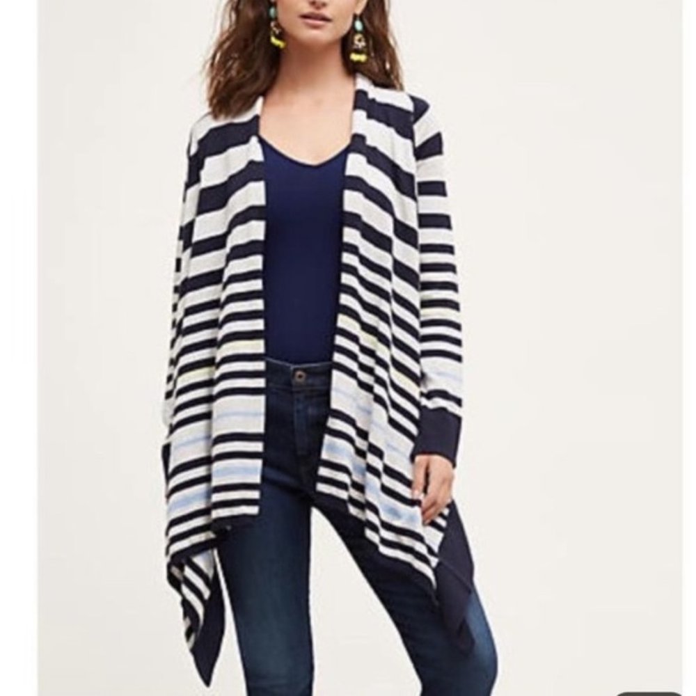 Anthropologie Moth Striped Open Front Cardigan with Tie Cotton M
